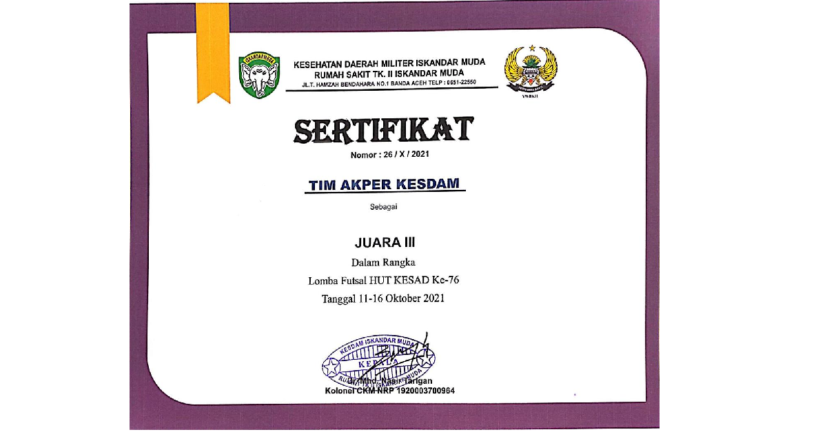 Sertifikat Lomba Futsal HUT KESAD ke-75