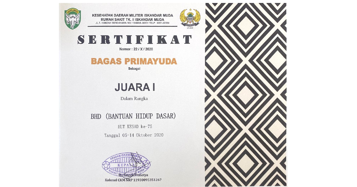 Sertifikat Lomba Bantuan Hidup Dasar (BHD) HUT KESAD Ke-75
