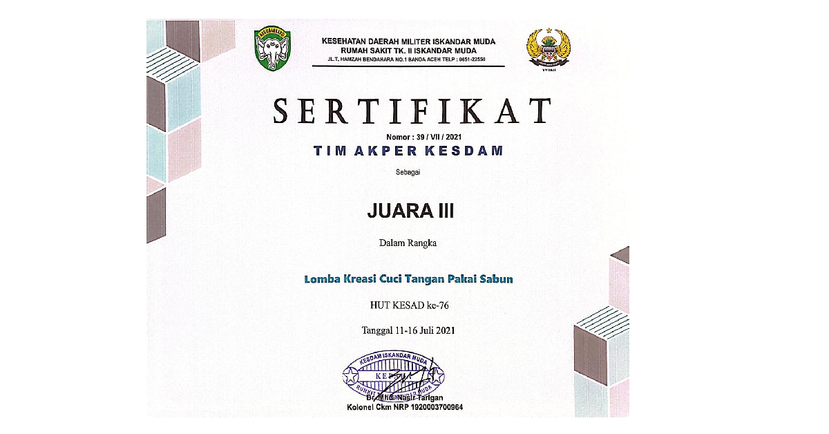 Sertifikat Lomba Senam Kreasi HUT KESAD Ke-75