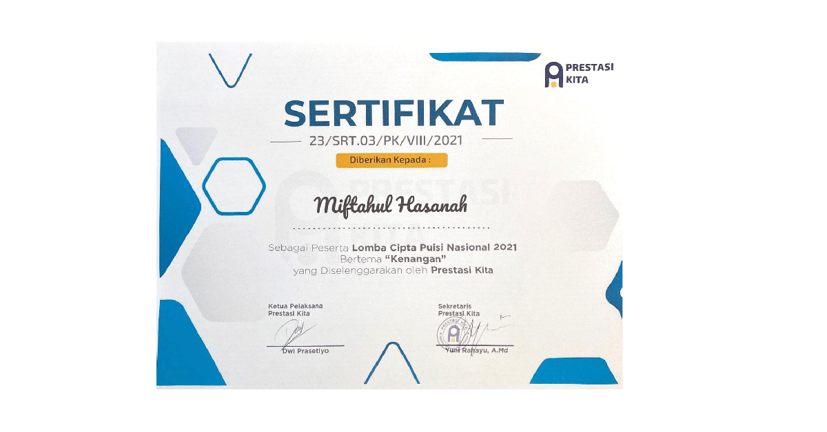 Sertifikat Lomba Cipta Puisi Nasional oleh Prestasi Kita