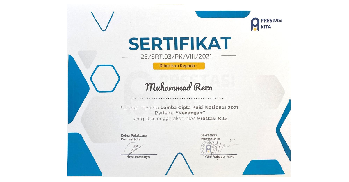 Sertifikat Lomba Cipta Puisi Nasional oleh Prestasi Kita