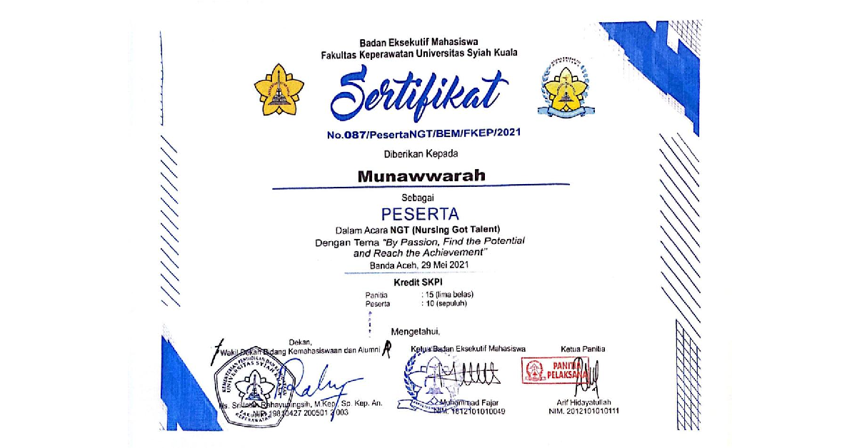 Sertifikat Lomba Cipta Puisi dalam Acara Nursing Got Talent oleh Fakultas Keperawatan USK