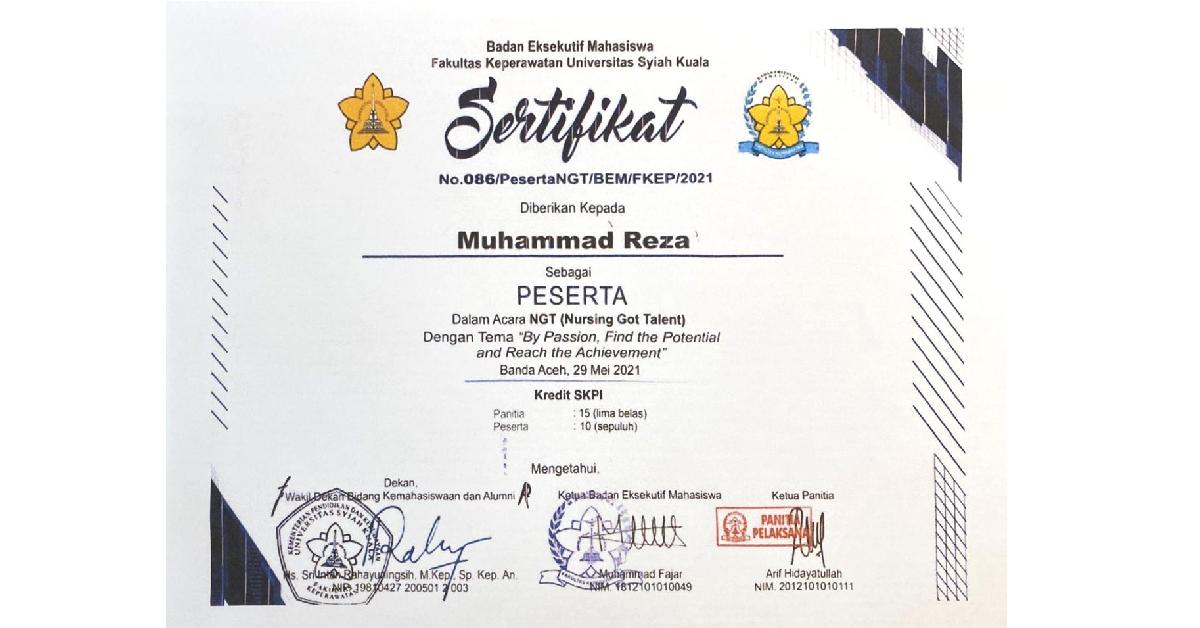 Sertifikat Lomba Cipta Puisi dalam Acara Nursing Got Talent oleh Fakultas Keperawatan USK